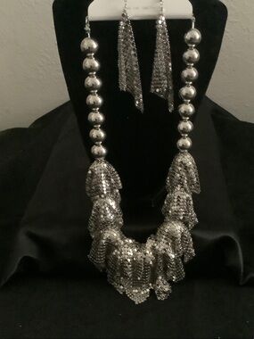 Silver Statement Necklace and Earrings Set - Women Jewelry